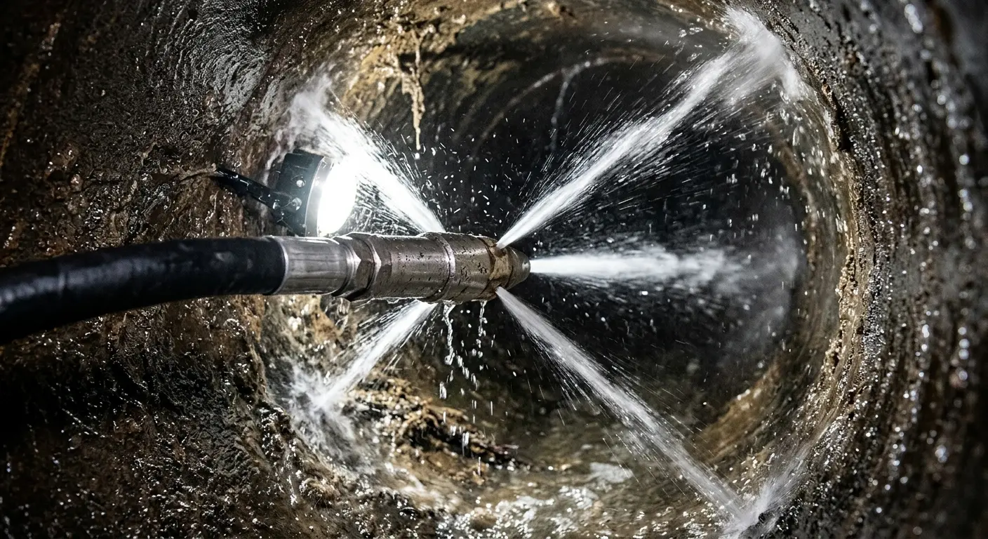 High-pressure hydro jetting nozzle cleaning sewer pipe for Trenchless Sewer Repair in Groveland