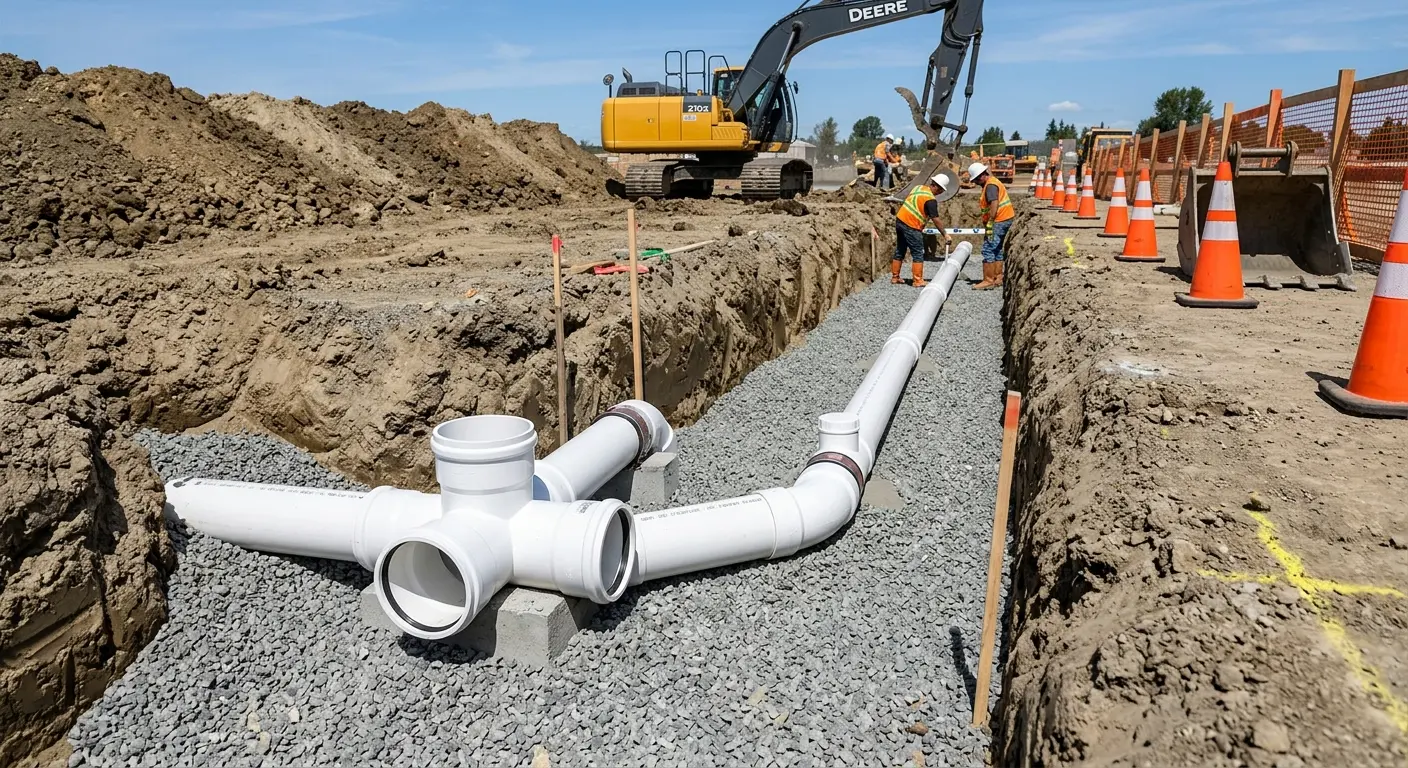 New PVC sewer pipe installation in open trench for Commercial Drain Cleaning in Groveland