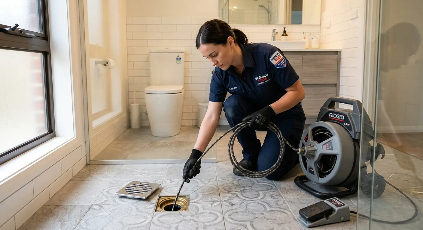 Technician clearing a bathroom floor drain for Clogged Drain Repair in Groveland